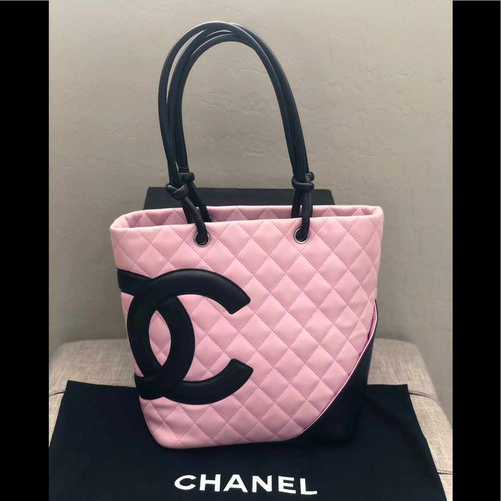 💯CHANEL  Quilted Ligne Pink/Black Tote Bag